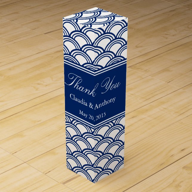Royal Blue Seigaiha Pattern Wedding Thank You Wine Gift Box (Front)