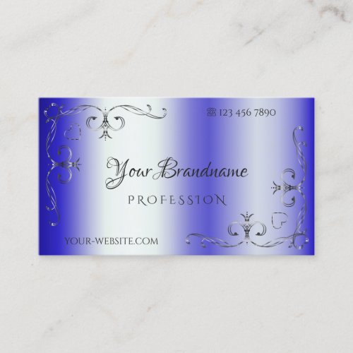 Royal Blue Shimmery Silver Ornate Corner Border Business Card