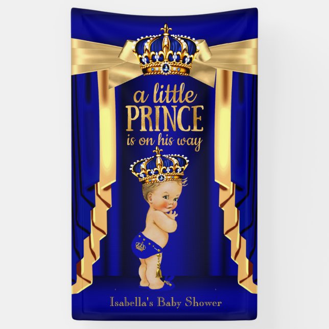 Royal Blue Silk Gold Crown Baby Shower Blonde Banner (Vertical)