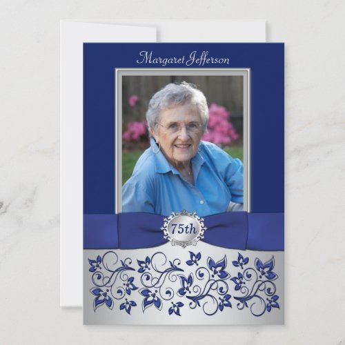 Royal Blue Silver 75th Photo Birthday Invitation