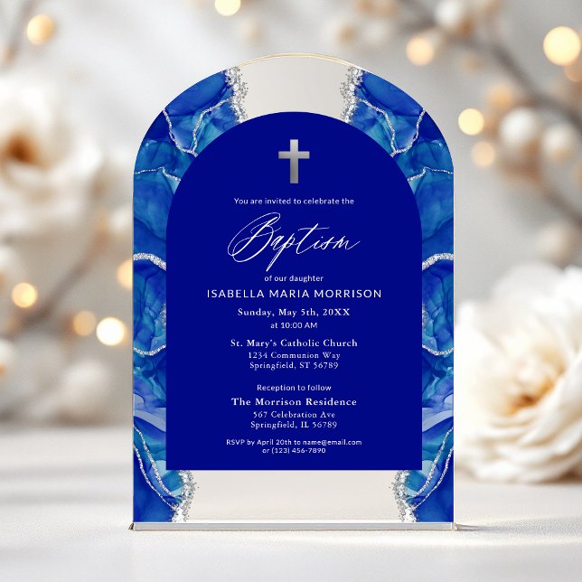 Royal Blue Silver Agate Baptism Modern Elegant Acrylic Invitations (Creator Uploaded)