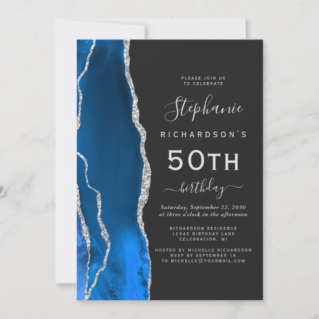 Royal Blue Silver Agate Dark 50th Birthday Party Invitation (Front)