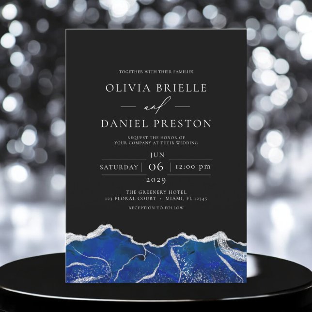 Royal Blue Silver Agate Elegant Modern Wedding Invitation (Creator Uploaded)