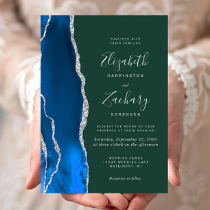 Royal Blue Silver Agate Emerald Green Wedding Invitation