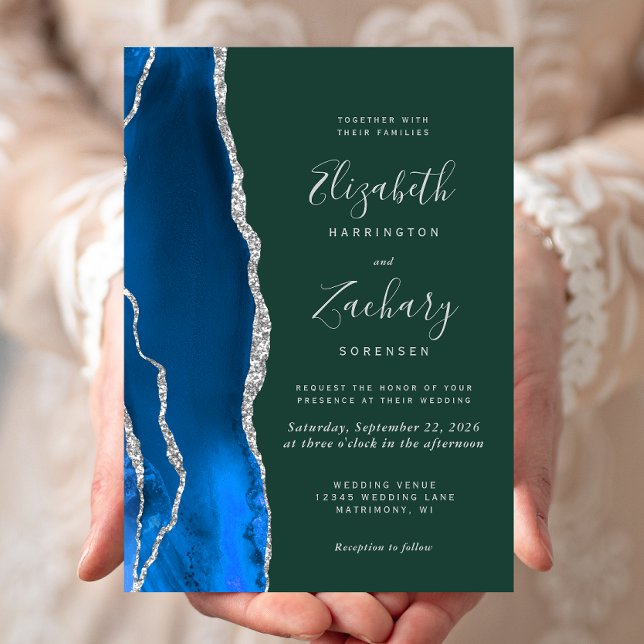 Royal Blue Silver Agate Emerald Green Wedding Invitation (Creator Uploaded)