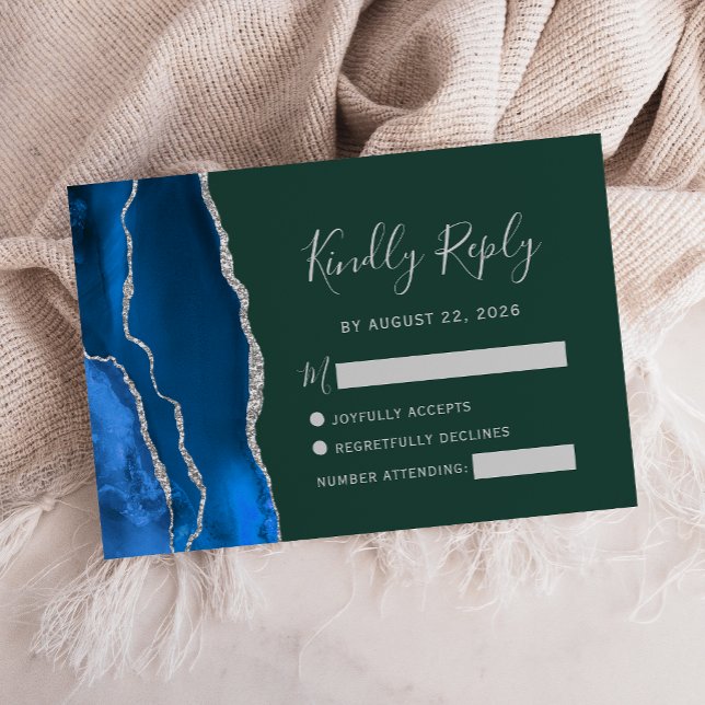 Royal Blue Silver Agate Emerald Green Wedding RSVP Card (Creator Uploaded)