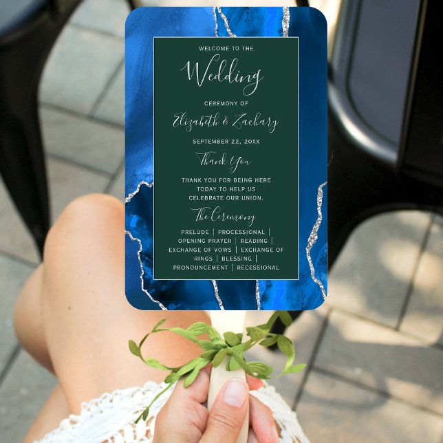 Royal Blue Silver Agate Green Wedding Program Hand Fan (Creator Uploaded)
