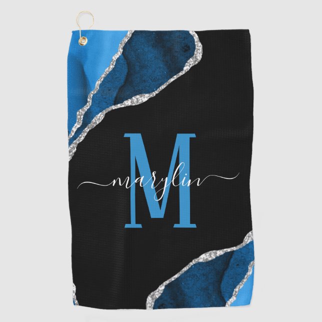 ROYAL BLUE & SILVER AGATE MONOGRAM  GOLF TOWEL (Front)