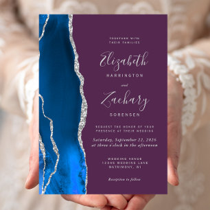 Royal Blue Silver Agate Plum Wedding Invitation