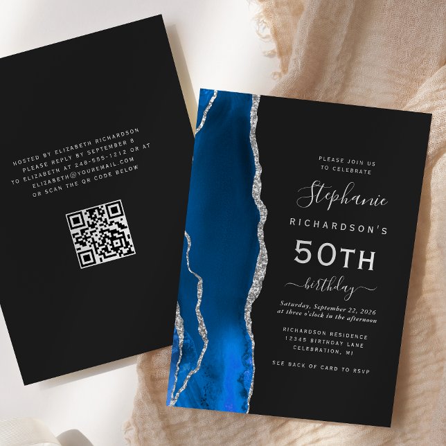 Royal Blue Silver Agate QR Code 50th Birthday Invitation (Creator Uploaded)