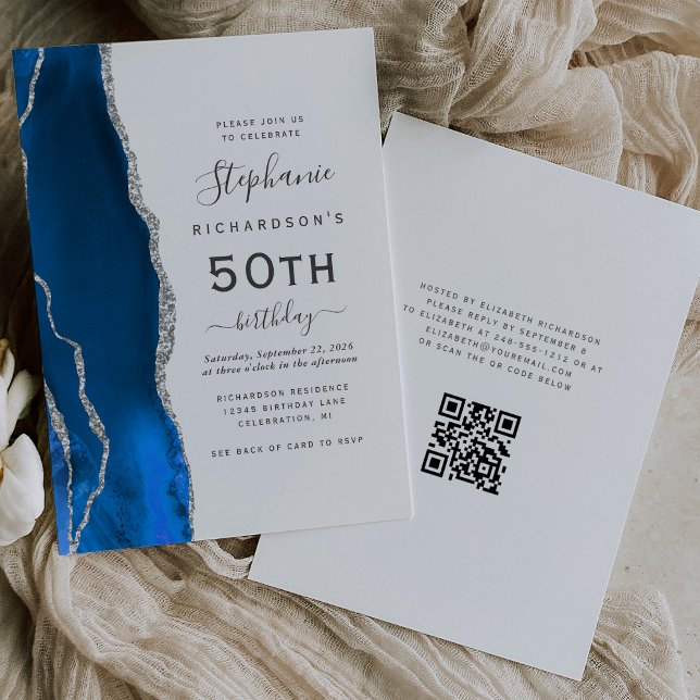 Royal Blue Silver Agate QR Code 50th Birthday Invitation (Creator Uploaded)