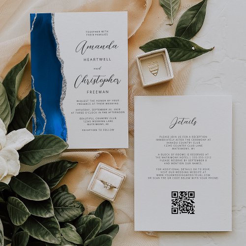 Royal Blue Silver Agate QR Code Wedding Invitation