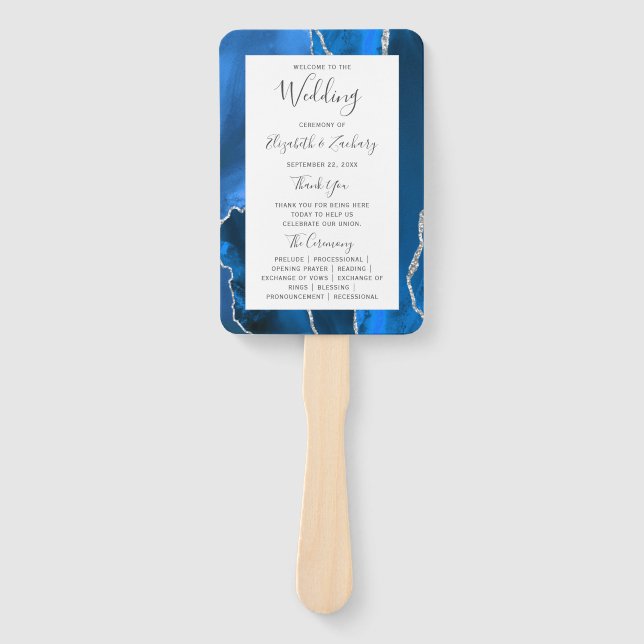 Royal Blue Silver Agate Wedding Program Hand Fan (Front)