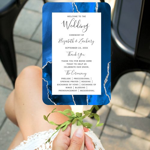 Royal Blue Silver Agate Wedding Program Hand Fan