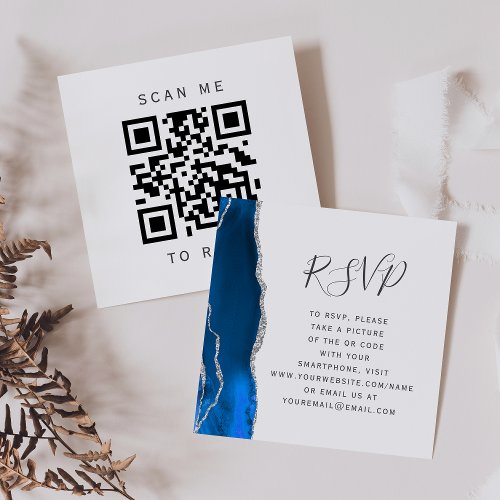 Royal Blue Silver Agate Wedding QR Code RSVP Enclosure Card