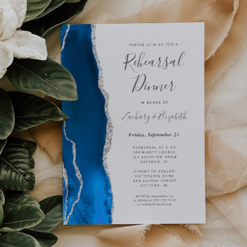 Royal Blue Silver Agate Wedding Rehearsal Dinner Invitation