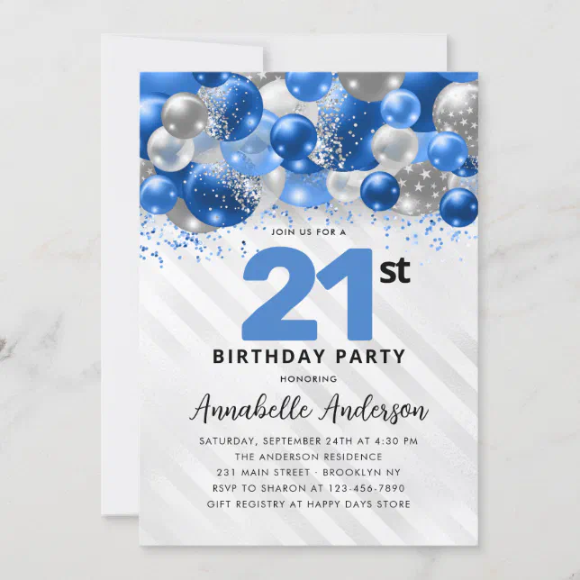 Royal Blue Silver Balloon Glitter 21st Birthday Invitation | Zazzle