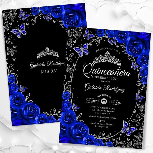 Royal Blue Silver Black Quinceanera Invitation