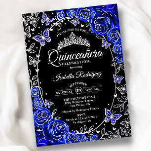 Royal Blue Silver Black Roses Quinceanera Foil Invitation