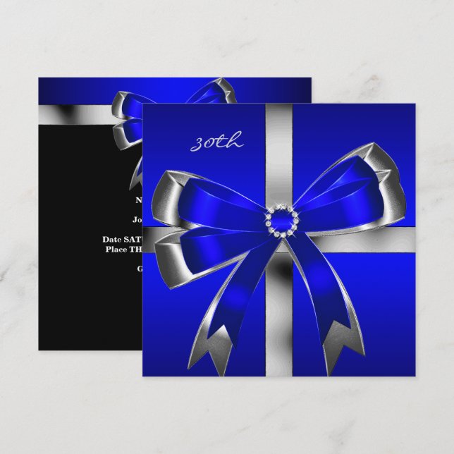 Royal Blue Silver Bow 30th Jewel Birthday Party Invitation (Front/Back)