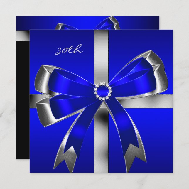 Royal Blue Silver Bow 30th Jewel Birthday Party Invitation (Front/Back)