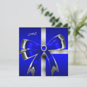 Royal Blue Silver Bow 30th Jewel Birthday Party Invitation (Standing Front)