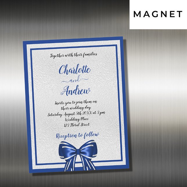Royal blue silver bow elegant luxury wedding magnetic invitation (Creator Uploaded)