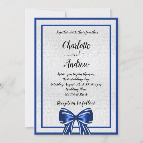 Royal blue silver bow elegant wedding invitation