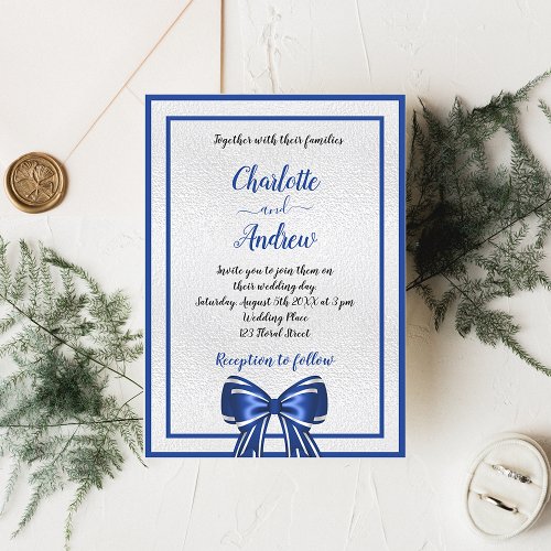 Royal blue silver bow metal elegant wedding invitation