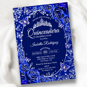 Royal Blue Silver Butterflies Roses Quinceanera Foil Invitation