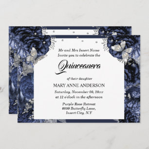 Royal blue silver butterfly chic rose quinceanera invitation
