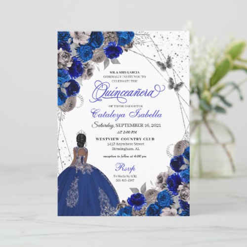 Royal Blue Silver Butterfly Princess Quinceanera Invitation