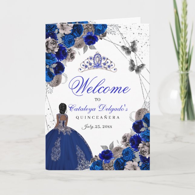 Royal Blue Silver Butterfly Quinceanera Program (Front)