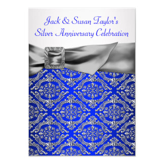 Royal Blue Silver Damask Silver 25th Anniversary Card