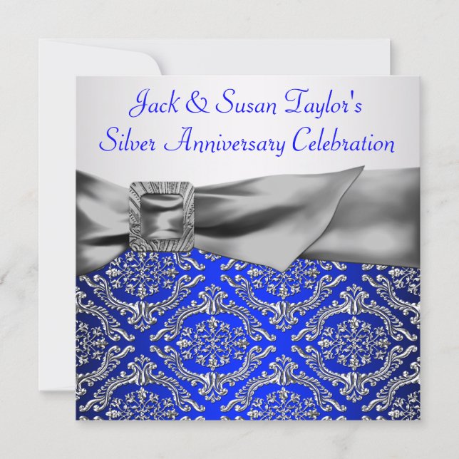 Royal Blue Silver Damask Silver 25th Anniversary Invitation (Front)