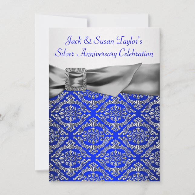 Royal Blue Silver Damask Silver 25th Anniversary Invitation (Front)