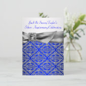 Royal Blue Silver Damask Silver 25th Anniversary Invitation (Standing Front)
