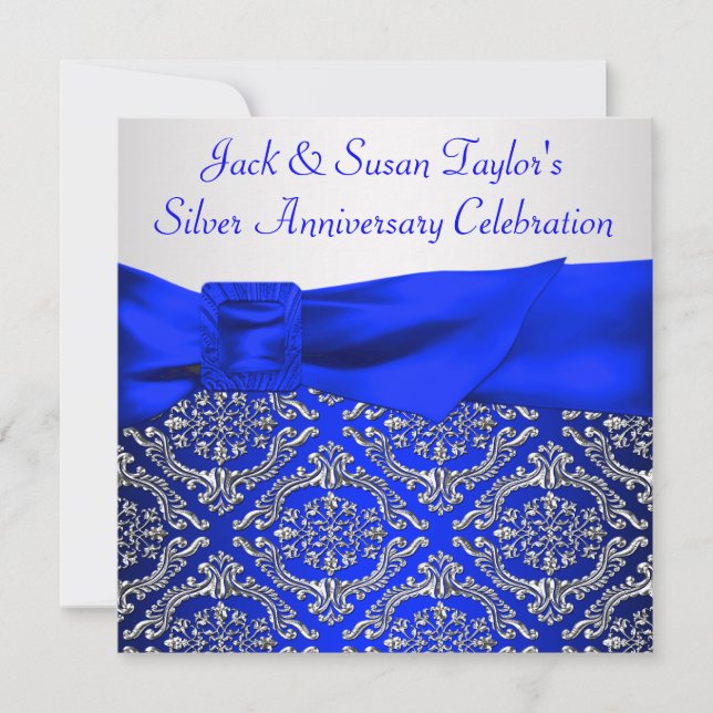 Royal Blue Silver Damask Silver 25th Anniversary Invitation (Front)