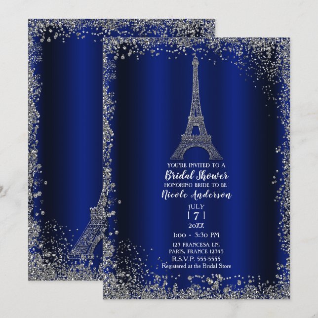 Royal Blue Silver Eiffel Tower Chic Bridal Shower Invitation (Front/Back)