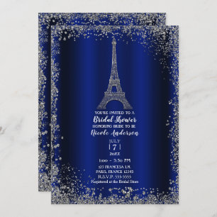 Royal Blue Silver Eiffel Tower Chic Bridal Shower Invitation