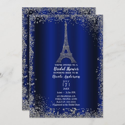 Royal Blue Silver Eiffel Tower Chic Bridal Shower Invitation
