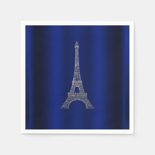 Royal Blue Silver Eiffel Tower Paris Chic Wedding Napkins (Front)
