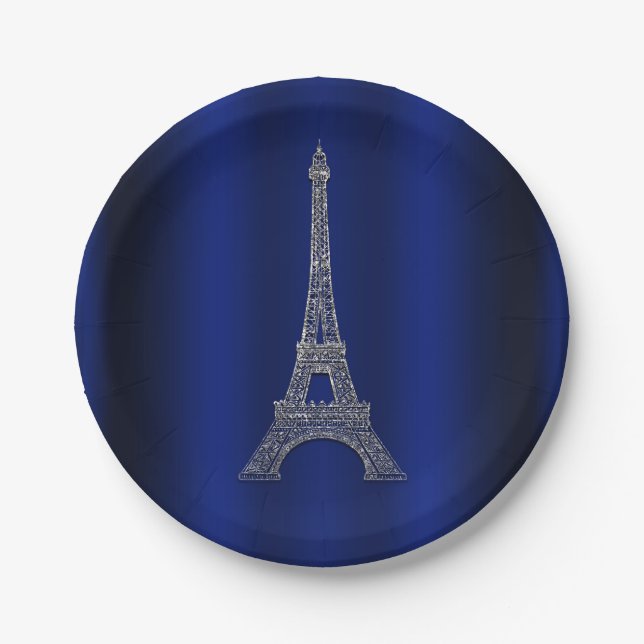Royal Blue Silver Eiffel Tower Paris Chic Wedding Paper Plates (Front)