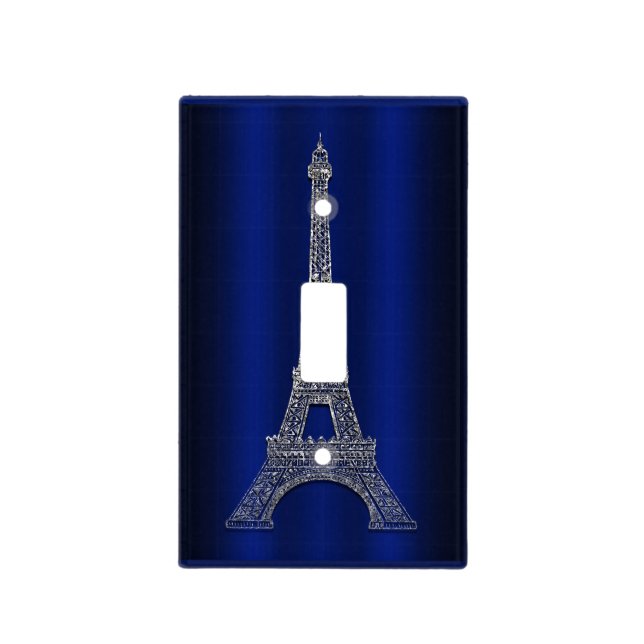 Royal Blue & Silver Eiffel Tower Paris Modern Glam Light Switch Cover (Front)