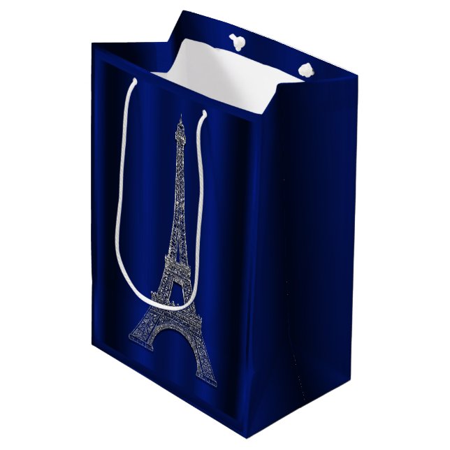Royal Blue Silver Eiffel Tower Paris Wedding Favor Medium Gift Bag (Front Angled)