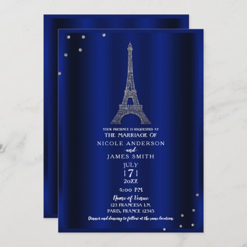 Royal Blue  Silver Eiffel Tower Paris Wedding Invitation