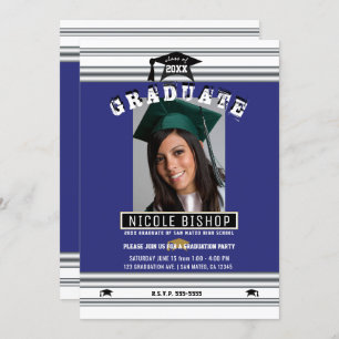Royal Blue Silver Elegant Photo Graduation Party Invitation