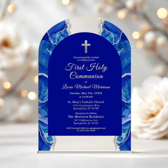 Royal Blue Silver First Holy Communion Elegant Acrylic Invitations (Creator Uploaded)