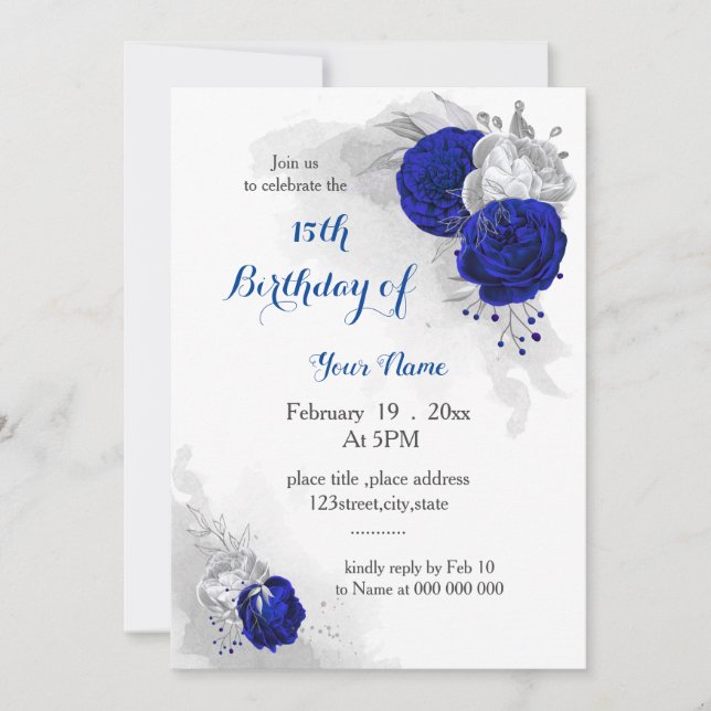 royal blue silver floral birthday invitation (Front)