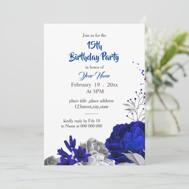 royal blue silver floral birthday invitation (Standing Front)